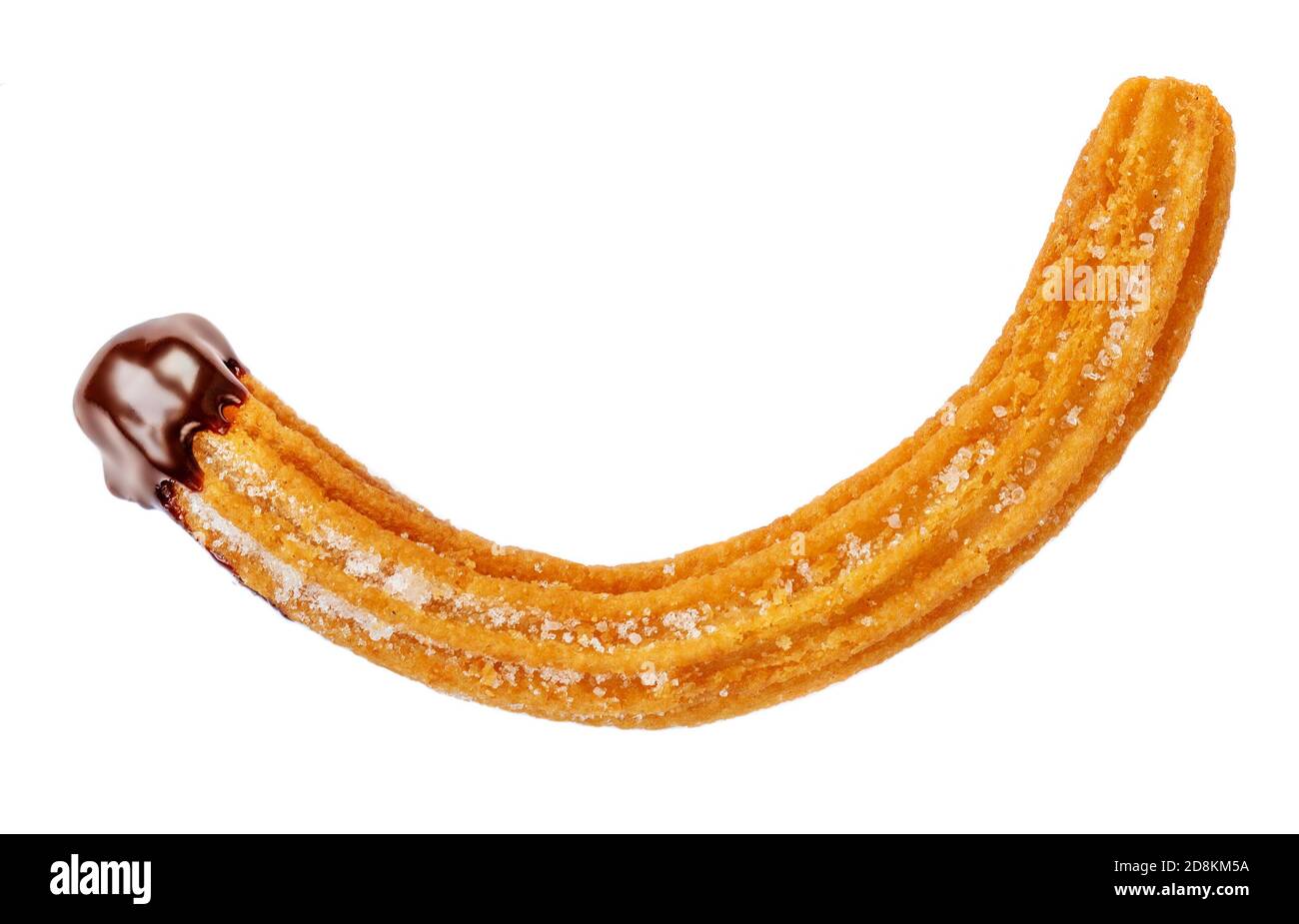 Churro-Stick isoliert. Gebratener Teig mit Zucker und Schokoladensauce Dip auf weißem Hintergrund. Draufsicht Stockfoto