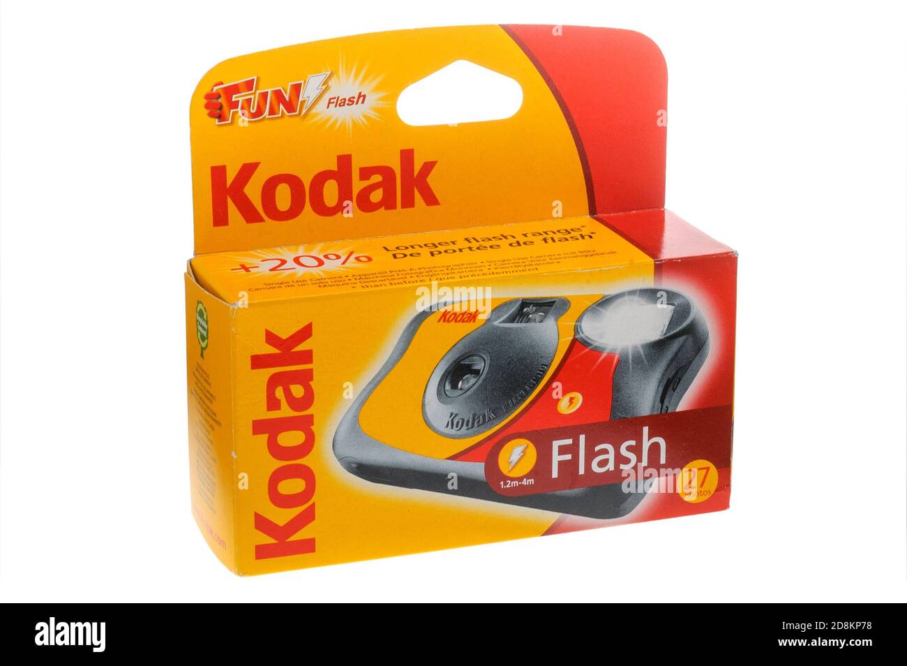 Kodak 35-mm-Einwegkamera mit Blitz auf weißem Hintergrund Stockfoto