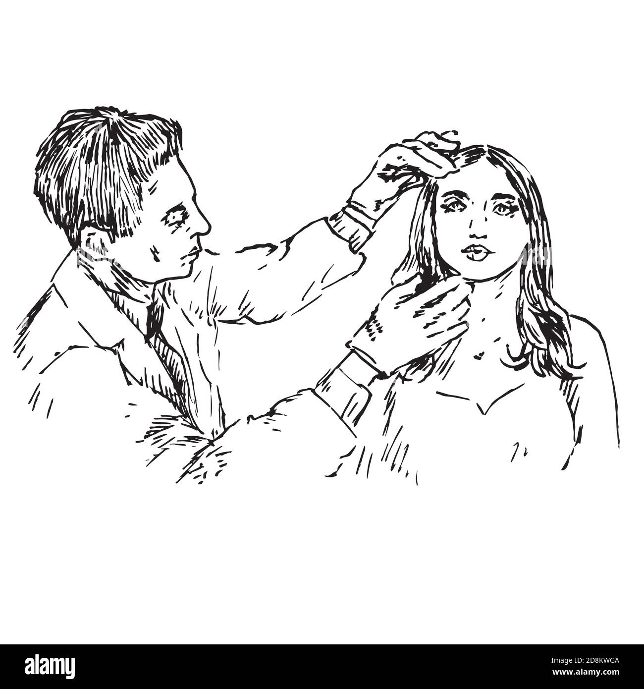 Ein Dermatologe untersucht die Haut des Gesichts eines schönen Patienten, handgezeichnetes Doodle, Skizze, Schwarz-Weiß-Illustration Stockfoto