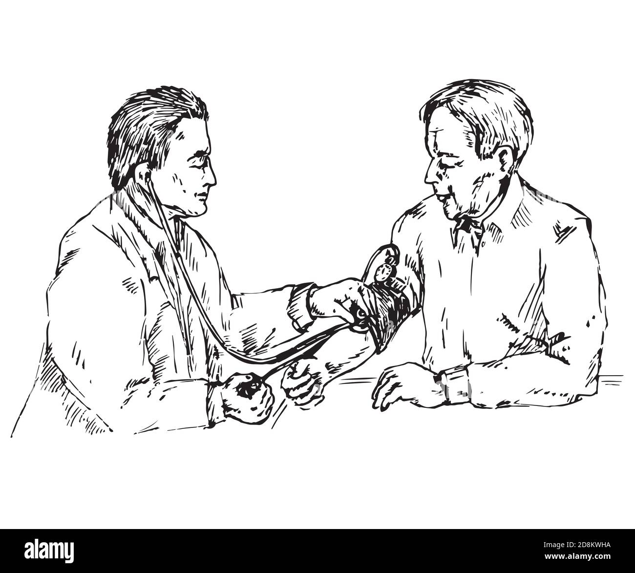 Der Arzt überprüft den Blutdruck eines älteren Patienten, handgezeichnetes Doodle, Skizze, schwarz-weiße Illustration Stockfoto