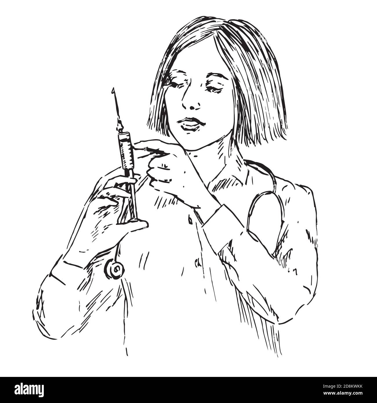 Krankenschwester, die sich zum Spritzen bereit macht, handgezeichneter Doodle, Skizze, Schwarz-Weiß-Illustration Stockfoto