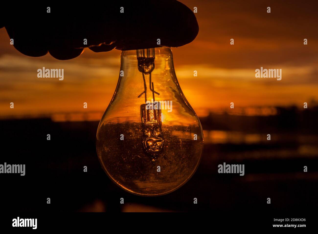 Hand hält eine Glühbirne bei Sonnenaufgang Stockfotografie - Alamy