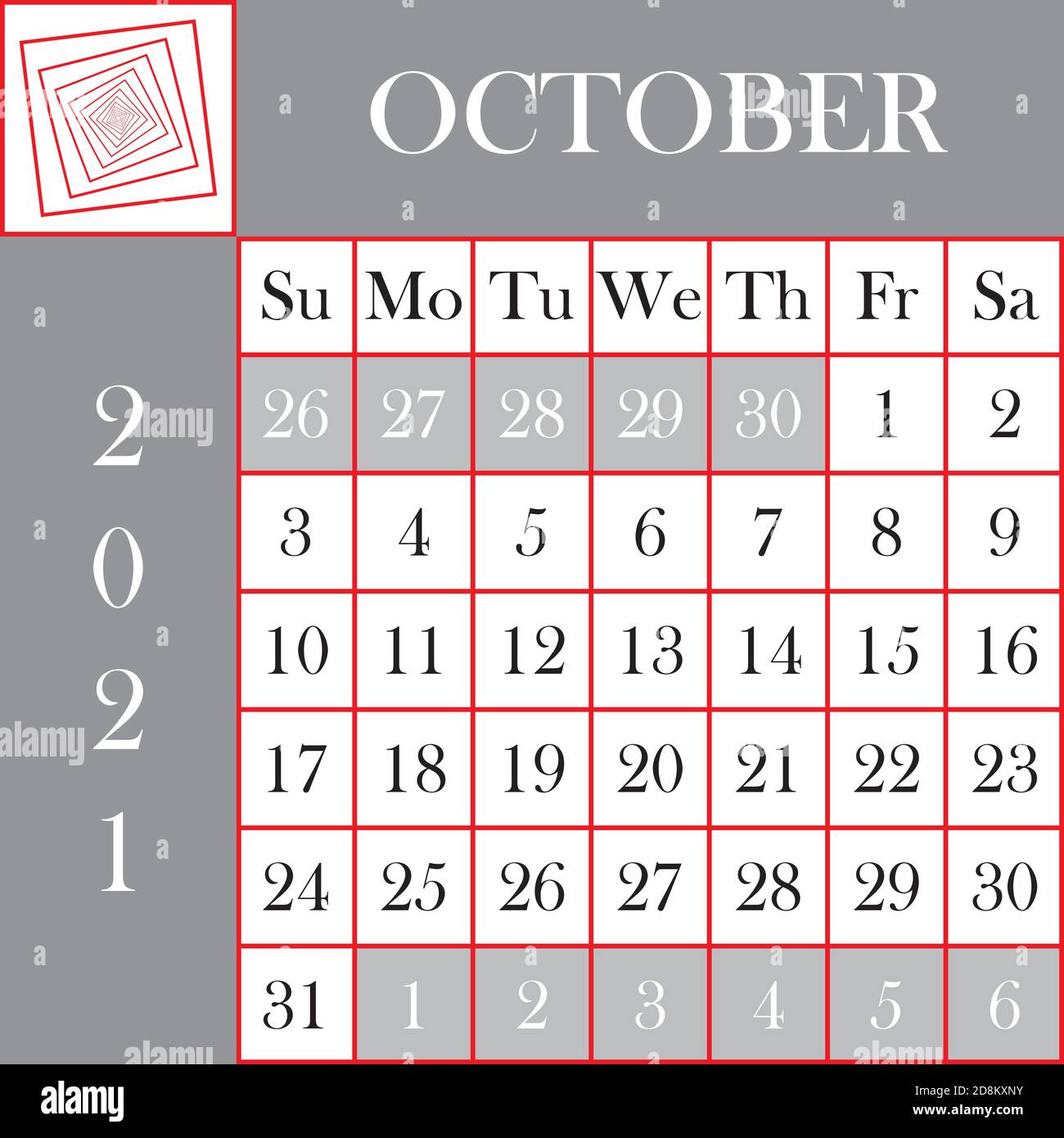 Quadratisches Format 2021 Kalender Oktober Grau Weiß Hintergrund Designer geschnitten Stock Vektor