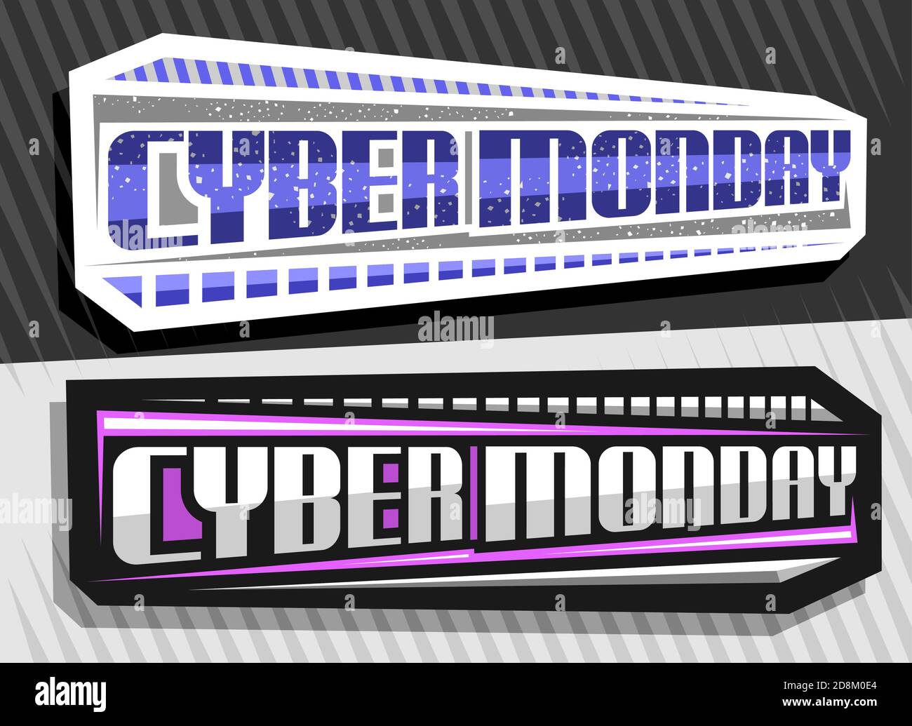 Vektor-Etiketten für Cyber Monday, 2 dekorative horizontale Schilder mit einzigartigem Schriftzug für blaue Wörter Cyber monday, abstraktes modernes Konzept für spe Stock Vektor