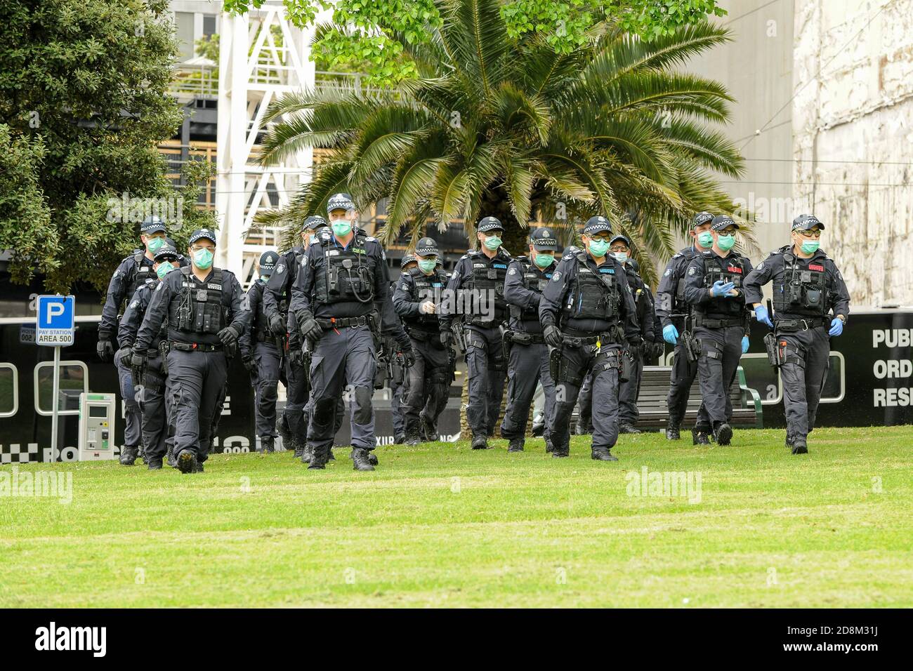 Melbourne, Australien 31 Oct 2020, Public Order Response Police marschiert in Formation in Treasury Gardens ein, um einen regierungsfeindlichen Protest zu stören, der für Samstagmorgen geplant ist. Kredit: Michael Currie/Alamy Live Nachrichten Stockfoto