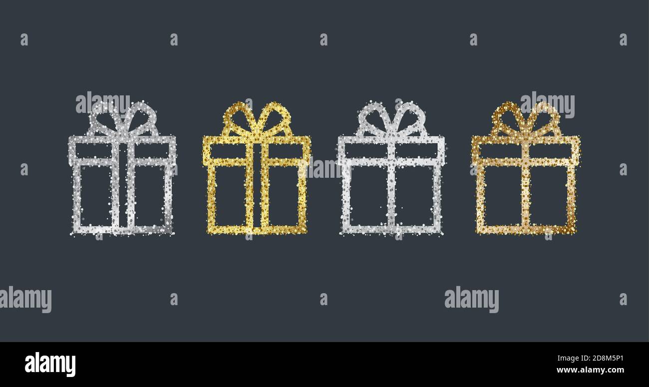 Set von Geschenk-Boxen Illustration, lineare Grafik-Box mit Textur von glitzernden goldenen und silbernen Partikeln, schimmernd auf dunklen Hintergrund Stock Vektor