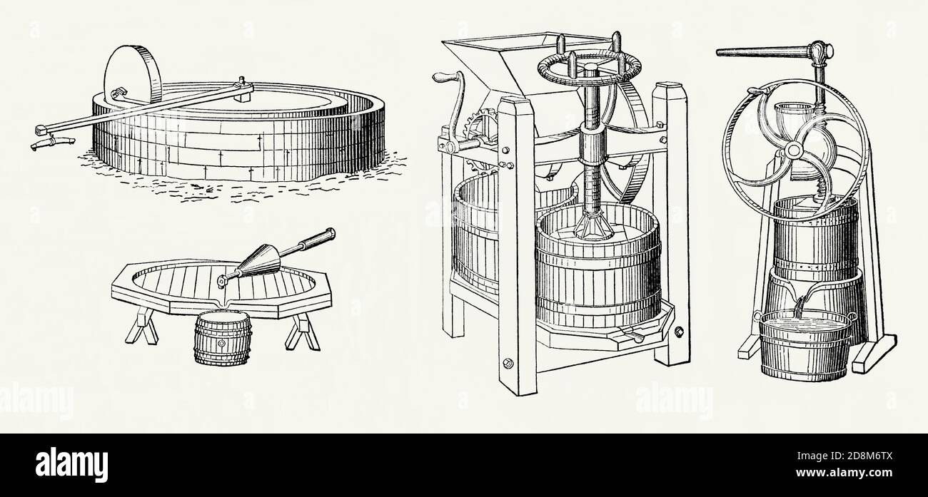 Eine alte Gravur mit verschiedenen Apfelmühlen im 19. Jahrhundert. Es ist aus einem viktorianischen Maschinenbaubuch der 1880er Jahre. Eine Apfelmühle wird verwendet, um Äpfel zu Saft zu zerdrücken, um Apfelwein und andere Produkte aus Äpfeln herzustellen. Die Typen umfassen pferdebetriebene, wasserbetriebene und handbetriebene Mühlen. Abgebildet sind eine große, feste, kreisförmige Mühle mit einem von Pferden angetriebenen Steinbrecher (SW England oben links), eine französische Handmühle aus Holz (unten links), eine kombinierte Mühle/Pressmaschine (Mitte) und ein Handbrecher mit einer Metallschraube (rechts). Stockfoto