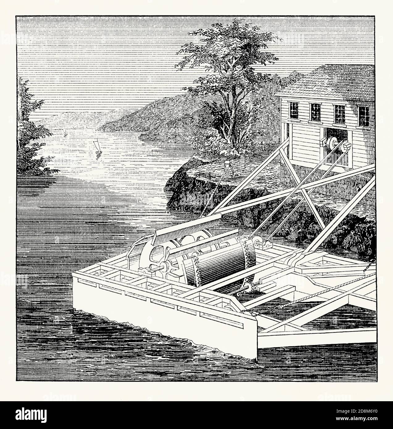 Eine alte Gravur eines aktuellen Rades (oder Turbine) im 19. Jahrhundert. Es ist aus einem viktorianischen Maschinenbaubuch der 1880er Jahre. Ein Wasserrad (Strömungsrad oder Gezeitenmühle – oder ‘alten Zeiten eine „Noria“) ist eine Maschine zur Umwandlung der Energie von fließendem Wasser in nützliche Formen der Kraft, oft beim Fräsen. Ein Strom-, Strom- oder Gezeitenrad ist ein vertikal montiertes Wasserrad, das von den Wasserpaddeln oder -Schaufeln am Boden des Rades gedreht wird. Diese Art von Wasserrad ist die älteste Art von horizontalen Achsrad. Auf schwimmenden Plattformen montiert (wie hier) werden auch ‘Hüftrad’ genannt. Stockfoto