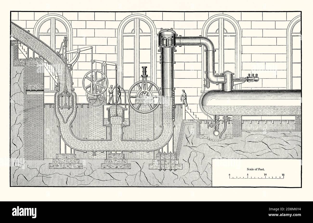 Eine alte Gravur, die einen riesigen Luftkompressor zeigt, der in den 1860er Jahren im Mount Cenis Tunnel oder im Fréjus Rail Tunnel eingesetzt wurde. Es ist aus einem viktorianischen Buch der 1880er Jahre. Der Franzose Germain Sommeiller (oder Sommeilleur – 1815–1871) hat die Kompressoren am italienischen Ende des Tunnels erfunden und konstruiert. Er nutzte die Schwerkraft, bei der Wasser in das System eindringt (links), um Luft in den Zylinder (rechts) zu treiben, wo ein konstanter Druck über einen Hydraulikkopf aufrechterhalten werden konnte. Zehn Kompressoren wurden benötigt, um die Belegschaft im Tunnel mit Luft zu versorgen. Der Tunnel wurde 14 Jahre gebaut, Eröffnung 1871. Stockfoto