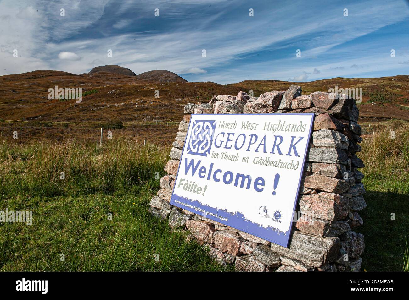 Willkommen im Geopark in Sutherland im Nordwesten Schottlands. Stockfoto