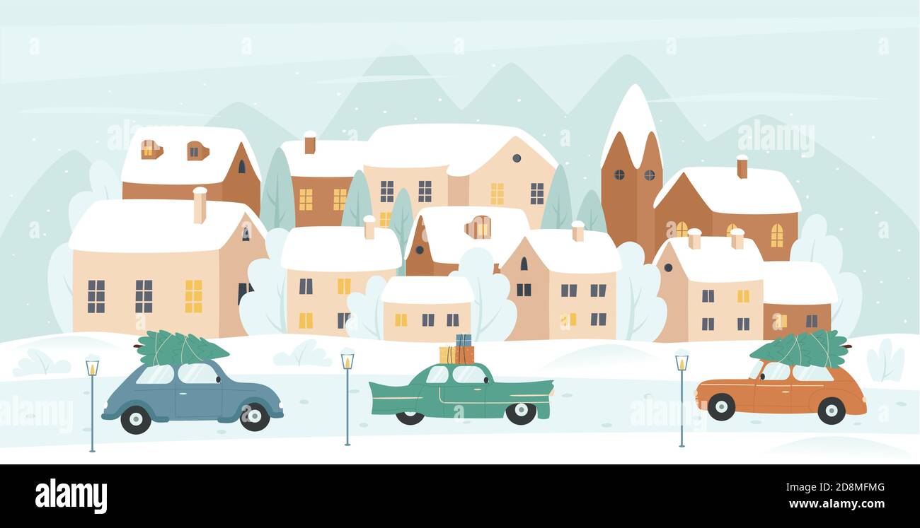 Winter Stadt Vektorgrafik. Cartoon Weihnachten schneebedeckten Stadtbild mit Straße in Schneeverwehungen, niedliche Häuser unter Schnee, Autos Autos mit Geschenken und Weihnachtsbäume für Winterferien Hintergrund Stock Vektor