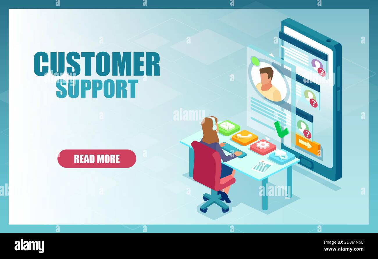 Customer Call Center Support-Konzept. Vektor eines Hilfeservice-Mitarbeiters eine Frau, die einem Geschäftsmann online hilft Stock Vektor