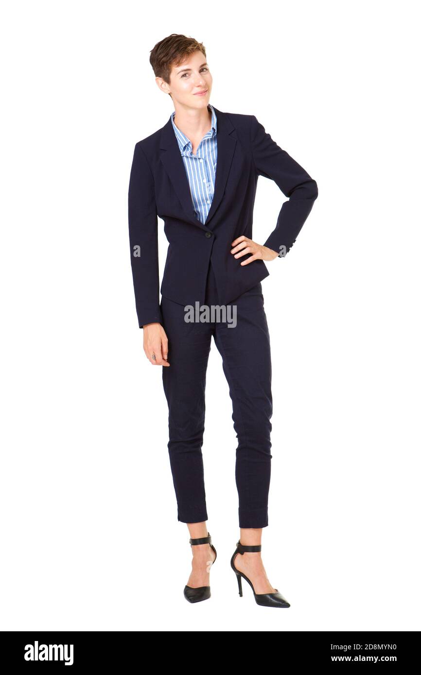 Ganzkörper-Porträt der jungen Geschäftsfrau in formellen Anzug isoliert Vor weißem Hintergrund Stockfoto