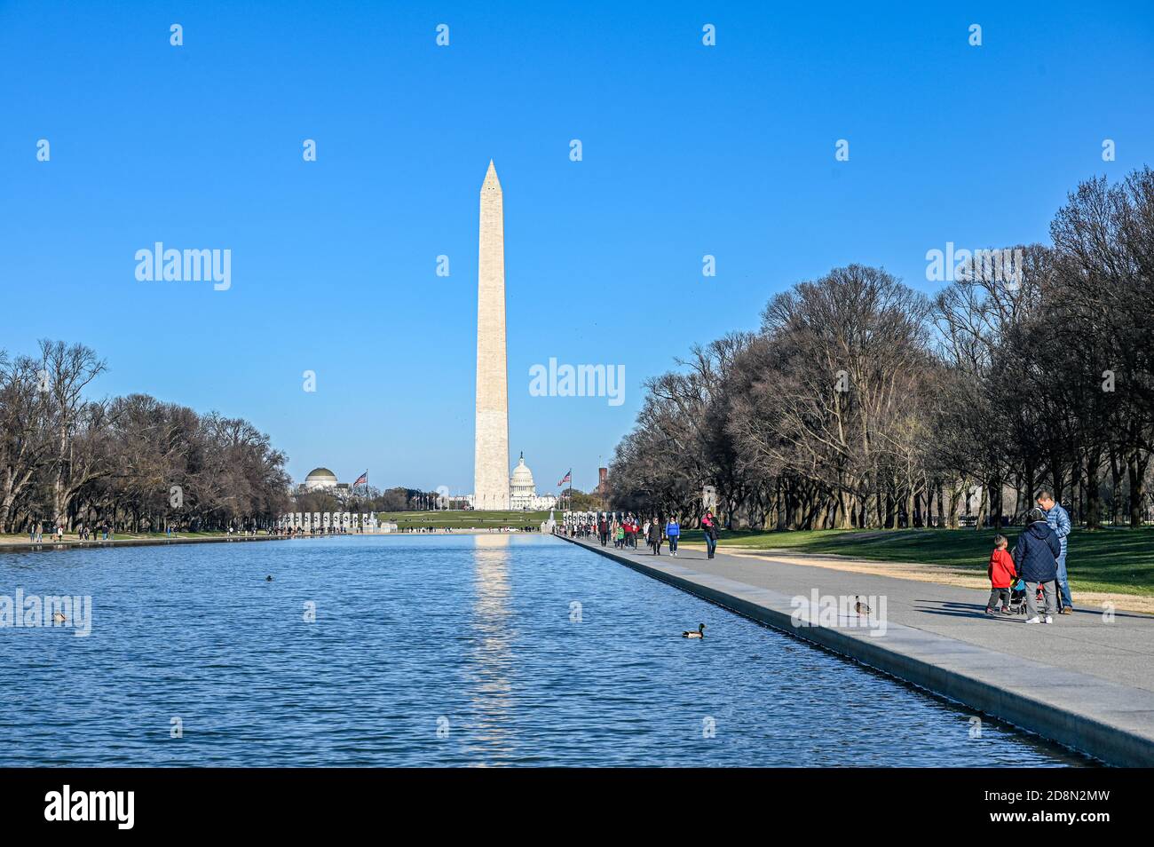 Washington Denkmal von der National Mall im Frühjahr 2019. Mit 169 Metern war es bis zum Eiffelturm das höchste Gebäude der Welt. Stockfoto