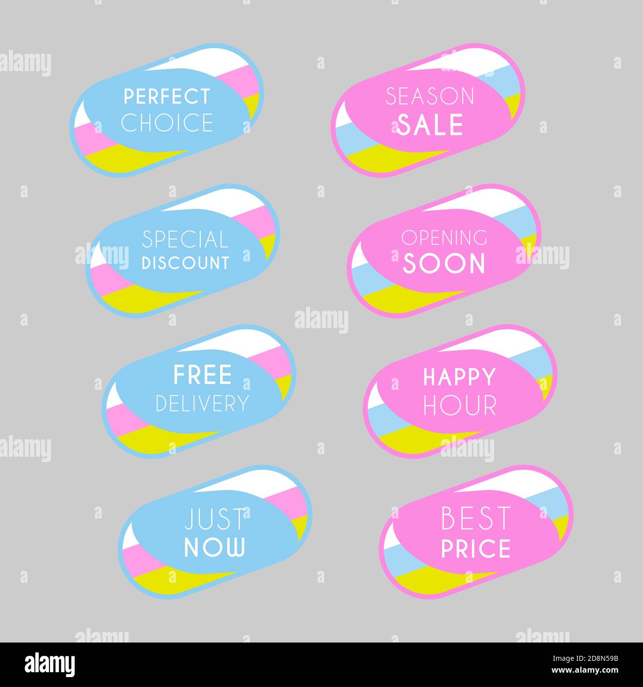 Bunte Rabatt Etiketten gesetzt. Zeitloses, leicht lesendes Design, das die Aufmerksamkeit der Kunden auf sich zieht. Geeignet für Web-Seite Anzeigen, Tags, Rabatt Angebot Preis labe Stock Vektor