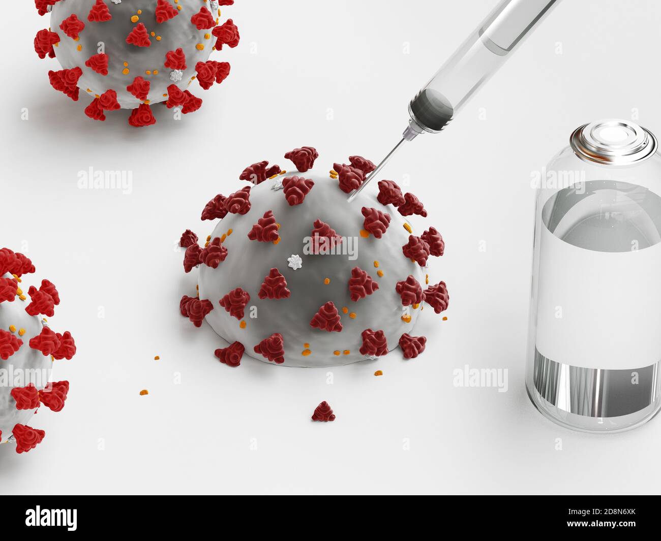 Impfstoff und Spritzeninjektion. Es zur Prävention, Immunisierung und Behandlung von Corona-Virus-Infektion. 3d-Rendering Stockfoto