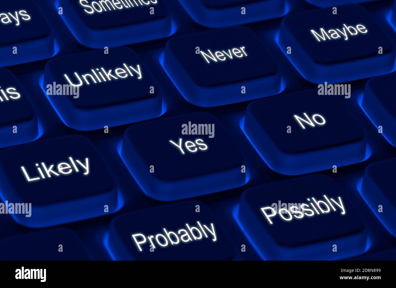 Online-Umfrage oder Fragebogen Konzeptdarstellung, mit Tastatur mit verschiedenen Antworten auf Fragen. Stockfoto