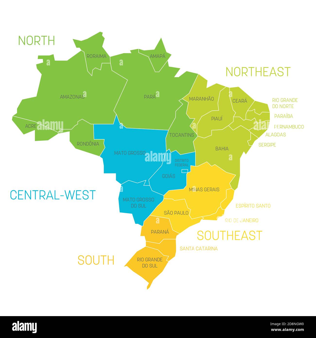 Bunte politische Landkarte von Brasilien. Staaten teilen sich durch Farbe in 5 Regionen. Einfache flache Vektorkarte mit Beschriftungen. Stock Vektor