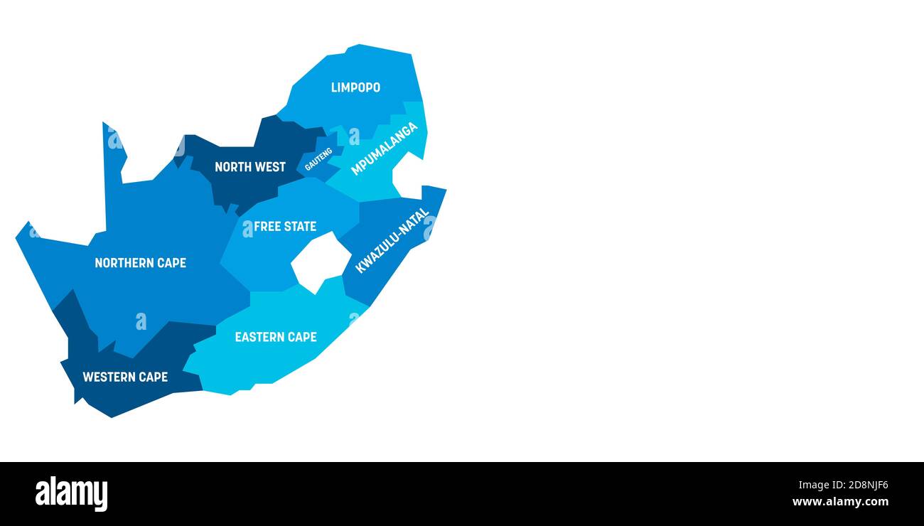 Blaue politische Karte von Südafrika, RSA. Verwaltungsabteilungen ...
