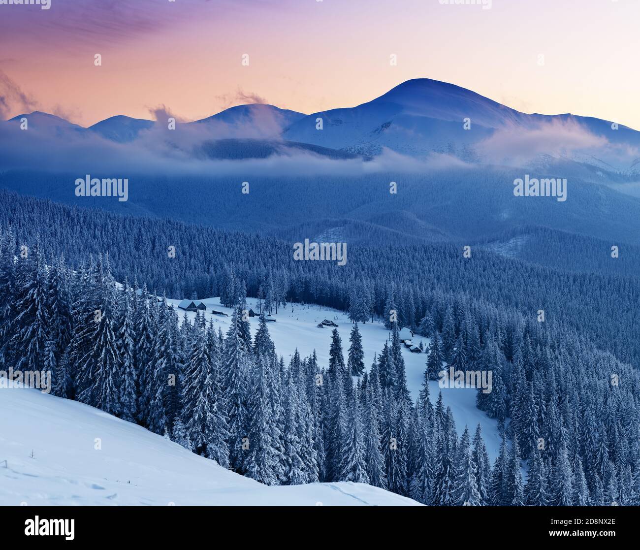 Winterlandschaft der Berge in den frostigen Morgen. Karpaten, Ukraine, Europa. Blick auf den Mount Goverla Stockfoto