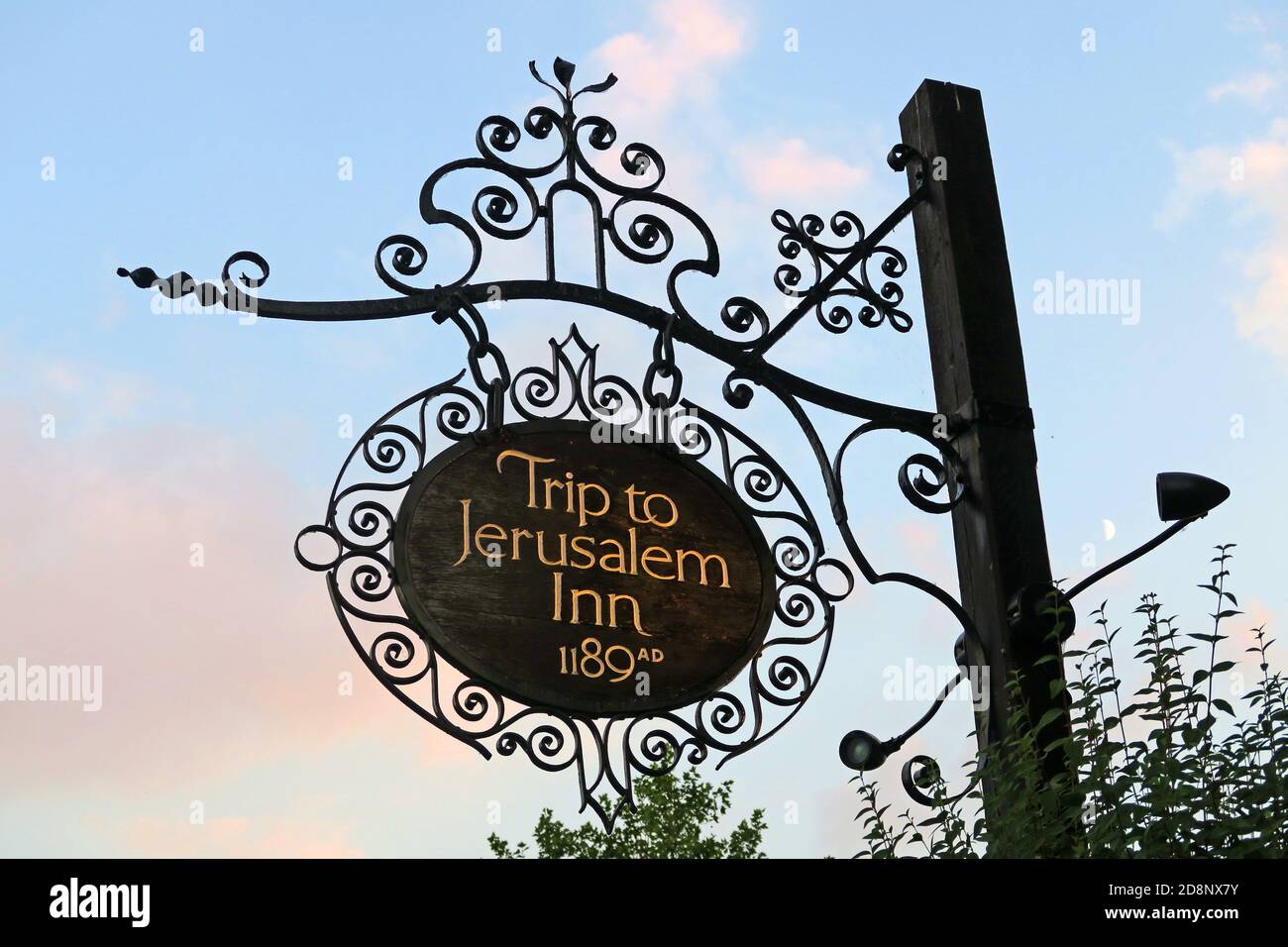 Ye Olde Trip to Jerusalem Pub Schild, Old Trip to Jerusalem Bar, alte Pub, Brewhouse Yard, 1, Nottingham, Nottinghamshire, NG1 6AD Stockfoto