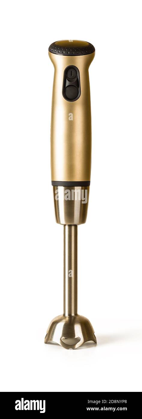 Stabmixer mit Bronzestiel steht aufrecht isoliert auf weißem Hintergrund. Moderne elektrische Küchengeräte für die Herstellung von Saucen, Smoothies Stockfoto