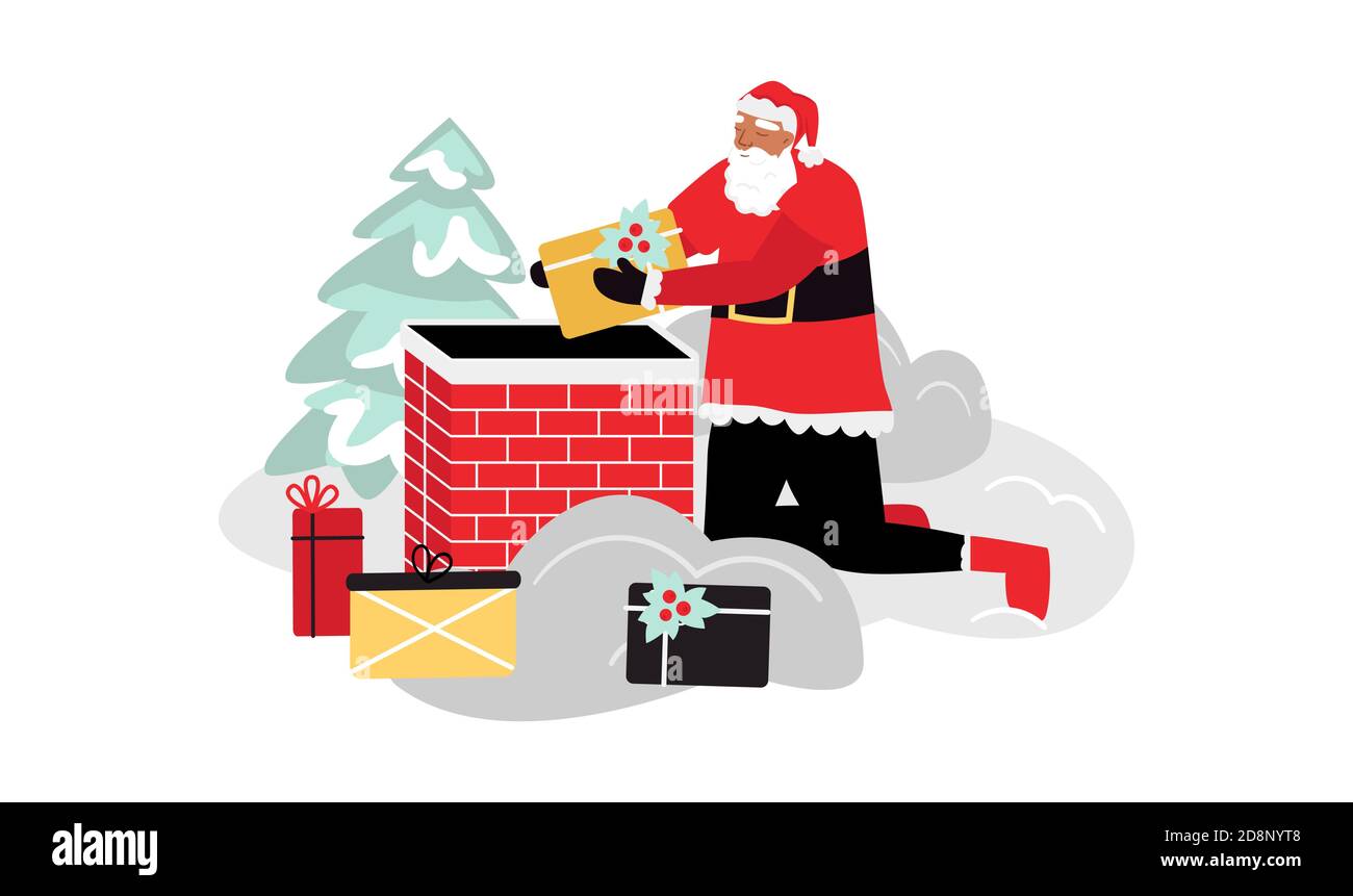 Der Weihnachtsmann trägt Geschenke durch den Kamin. Winter-Illustration Stock Vektor