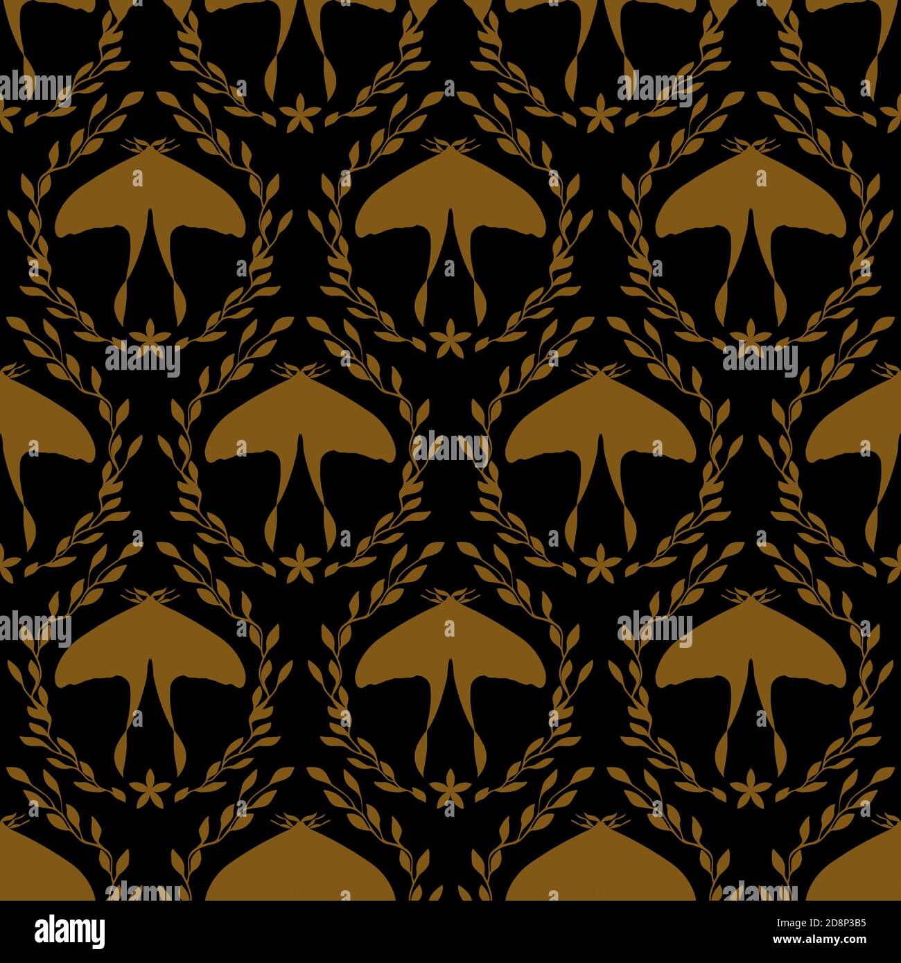 Goldschmetterling auf schwarz. Leuchtend florales Damast-Nahtloses Muster. Vector Zweige mit Blättern modern verziert. . Vektorgrafik Stock Vektor