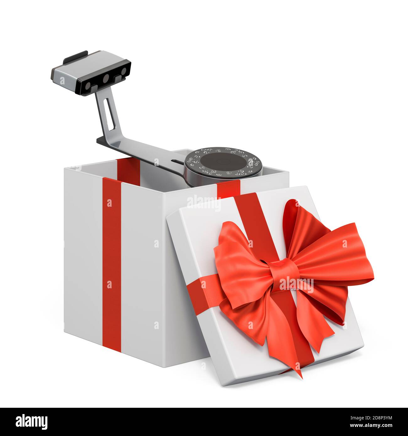 3D-Scanner im Geschenkkarton, Konzept präsentieren. 3D-Rendering auf weißem Hintergrund isoliert Stockfoto