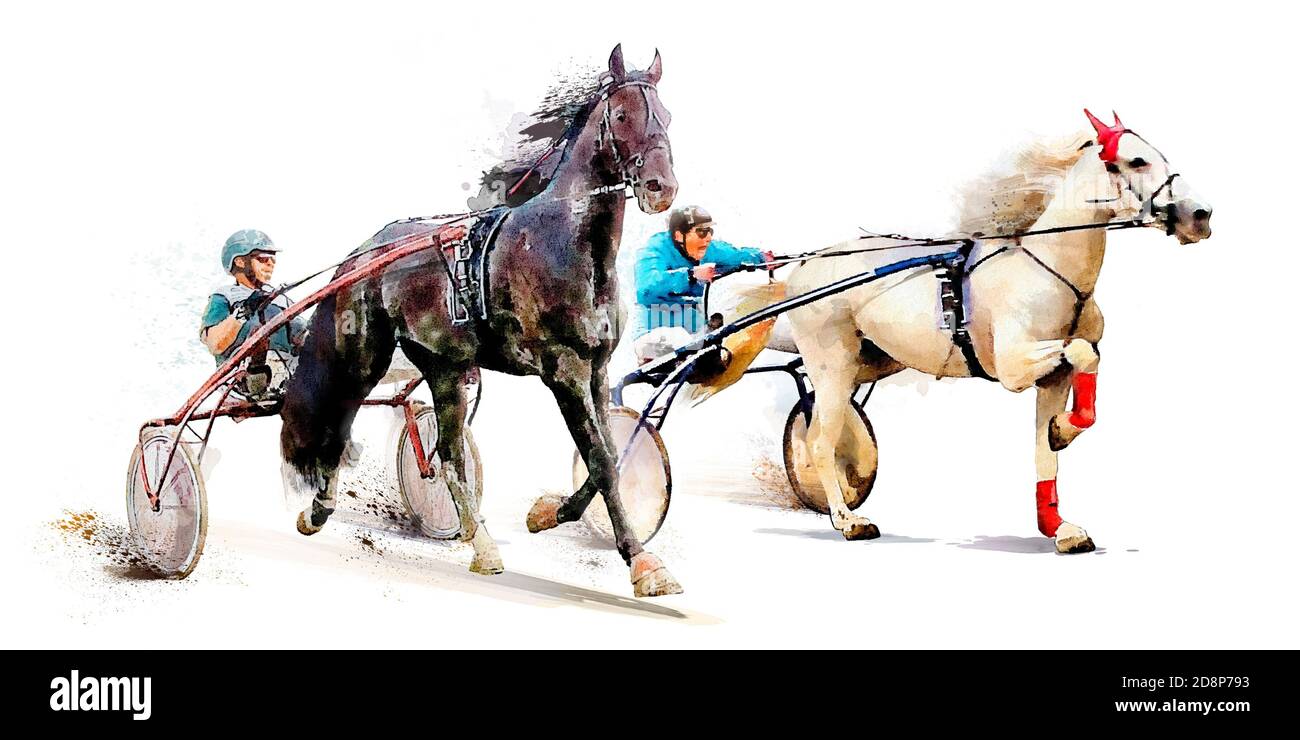 Pferderennen Wettbewerb Derby. Trotter Race. Rennpferde mit Jockeys. Hippodrome. Aquarell Malerei Illustration isoliert auf weißem Hintergrund Stockfoto