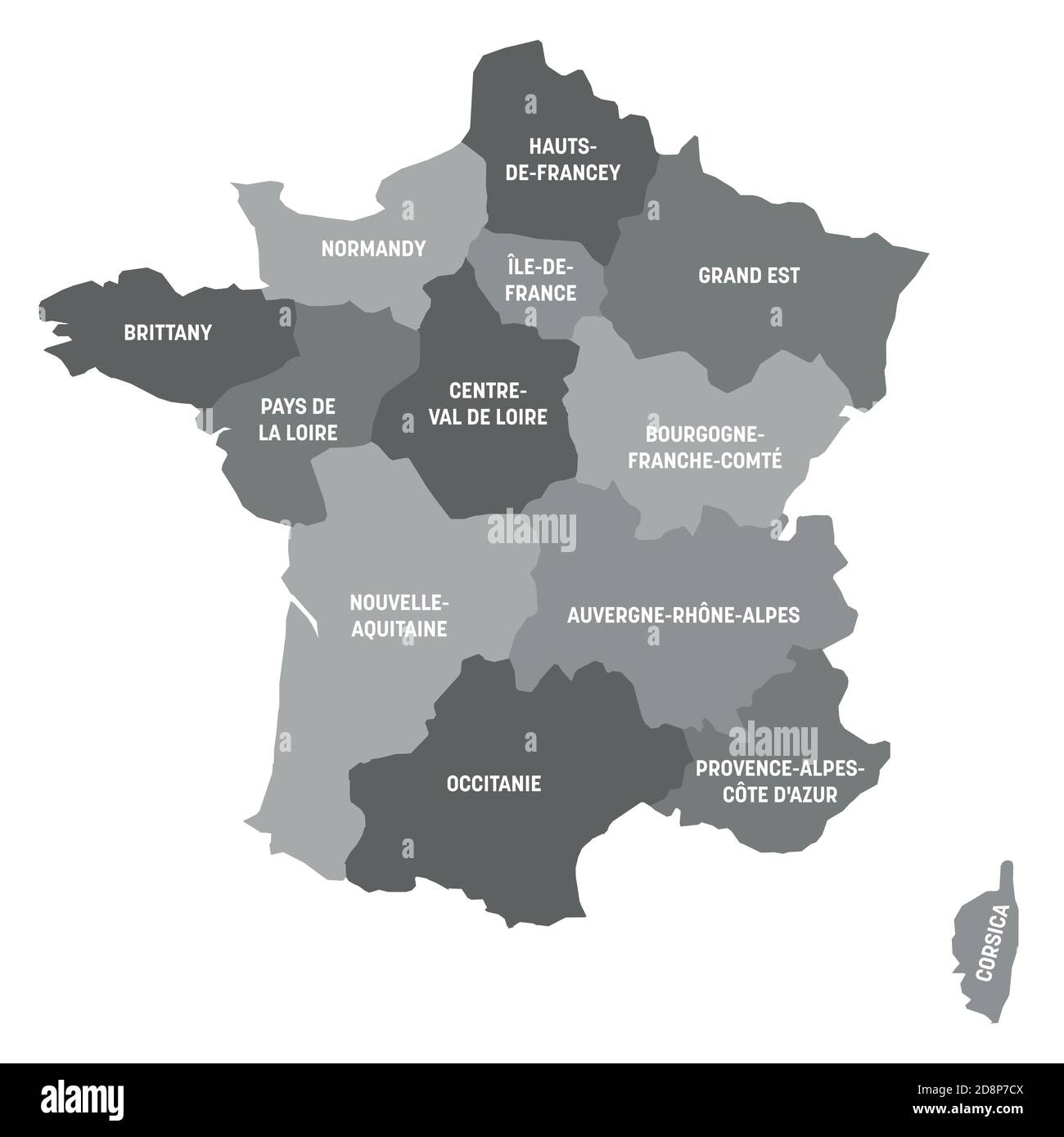 Graue politische Landkarte von Frankreich. Administrative Divisionen - Metropolregionen. Einfache flache Vektorkarte mit Beschriftungen. Stock Vektor
