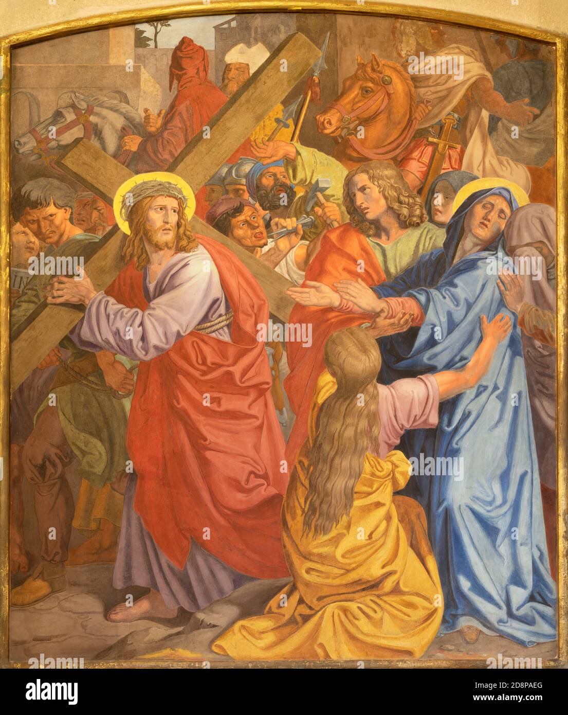 WIEN, AUSTIRA - 22. OKTOBER 2020: Das Fresko Jesus begegnet seiner Mutter Maria als Teil der Kreuzweg-Station in der Kirche des heiligen Johannes dem Nepomuk . Stockfoto