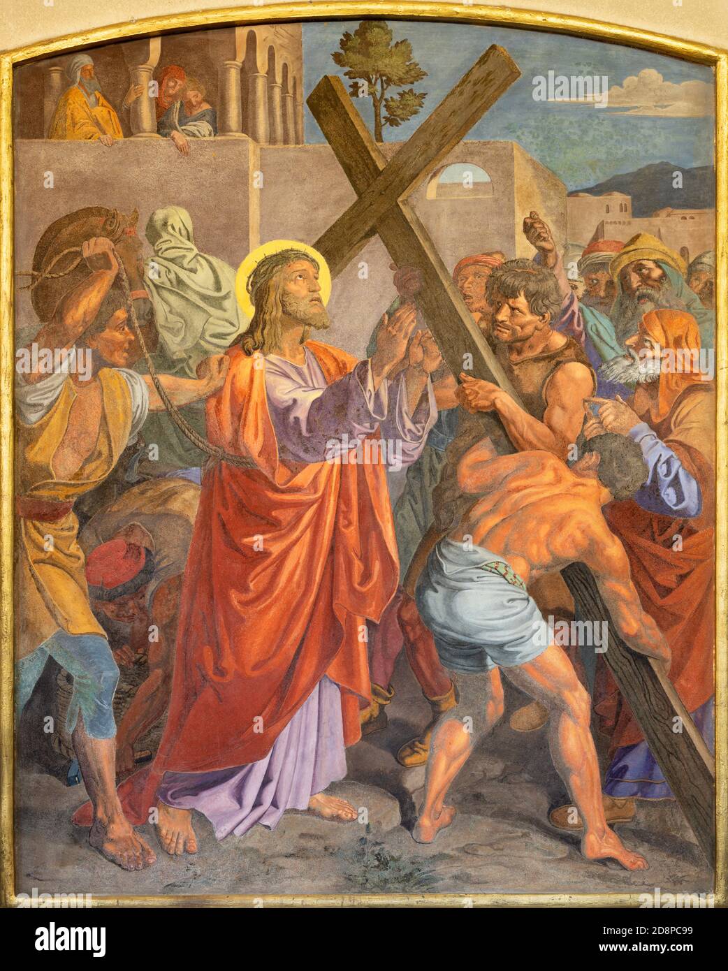 WIEN, AUSTIRA - 22. OKTOBER 2020: Das Fresko Jesus trägt sein Kreuz als Teil der Kreuzweg-Station in der Kirche St. Johannes dem Nepomuk. Stockfoto