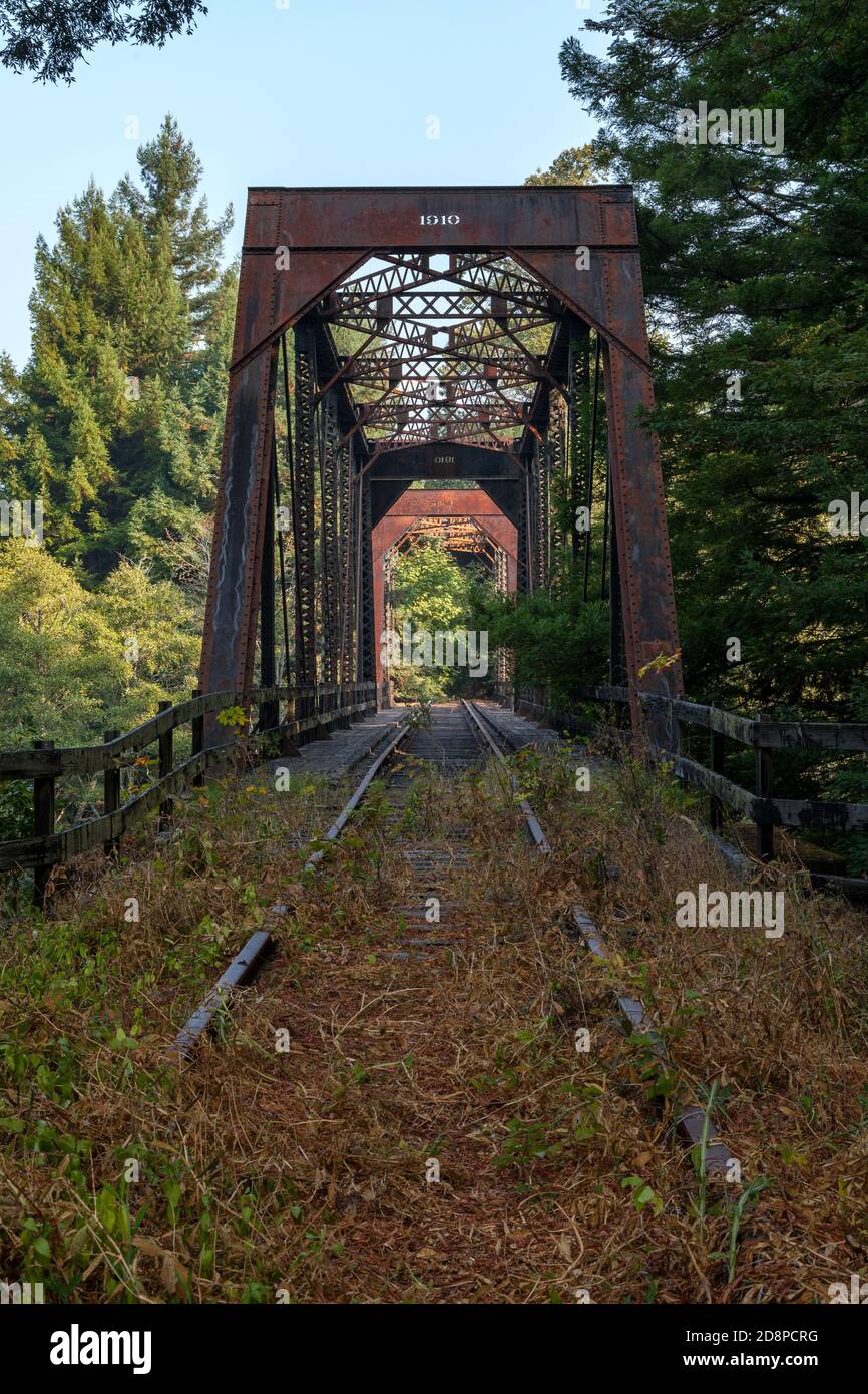 Northwestern Pacific Railway Fachwerkbrücke über Larabee Creek im Humboldt County, Kalifornien. 1910 gebaut, sind die Gleise nicht mehr in Gebrauch. Stockfoto