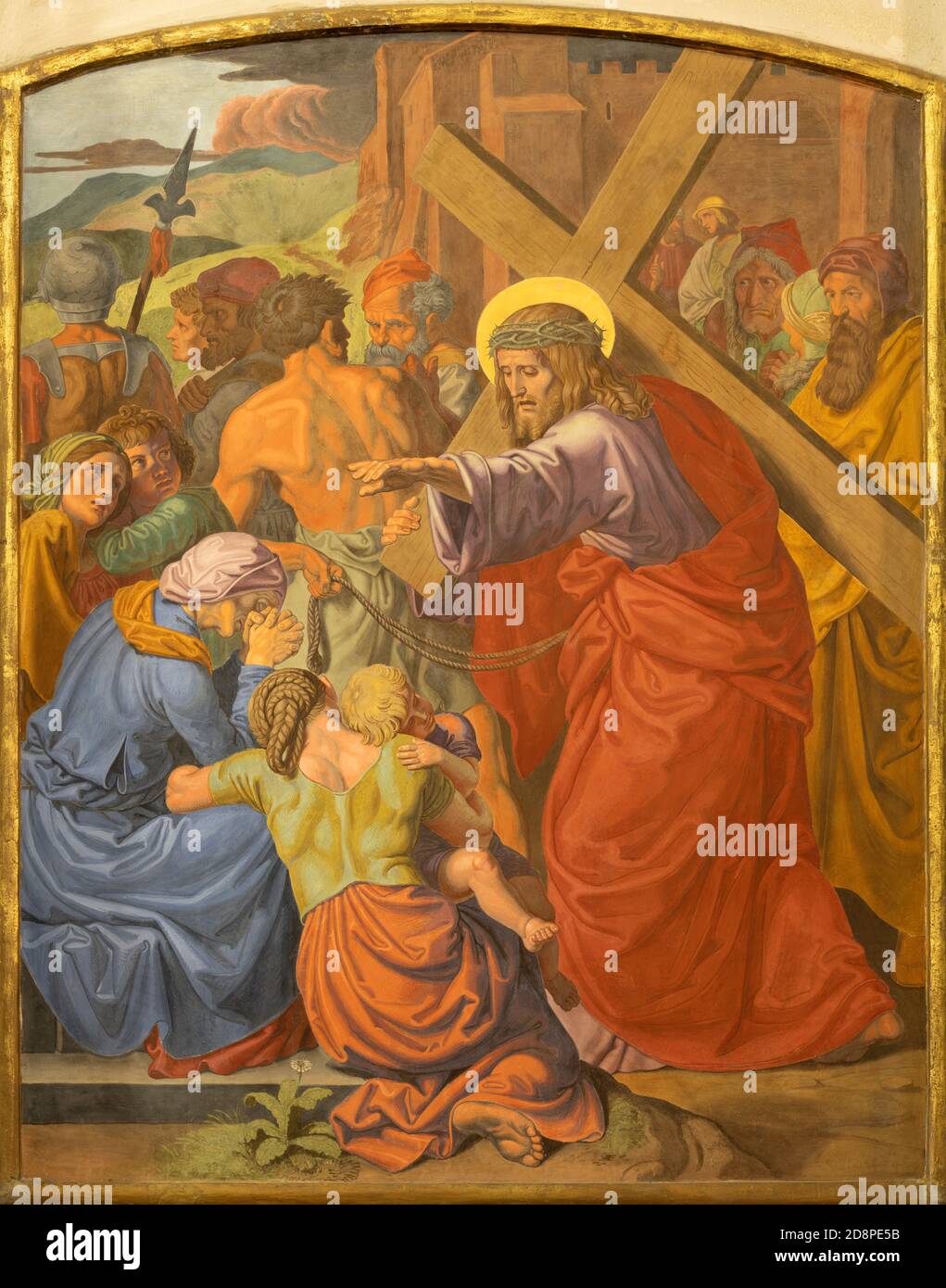 Wien - das Detail des Freskos Jeus trifft die Frauen Jerusalems als Teil der Kreuzweg-Station in der Kirche St. Johannes dem Nepomuk. Stockfoto