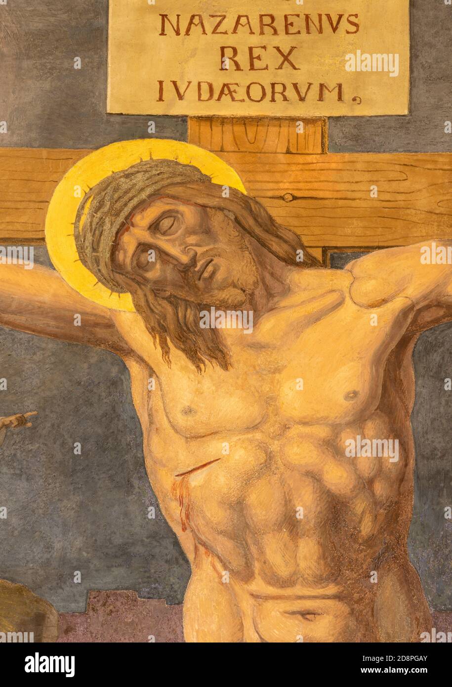 WIEN, AUSTIRA - 22. OKTOBER 2020: Das Detail des Freskens der Kreuzigung als Teil der Kreuzweg-Station in der Kirche St. Johannes dem Nepomuk. Stockfoto