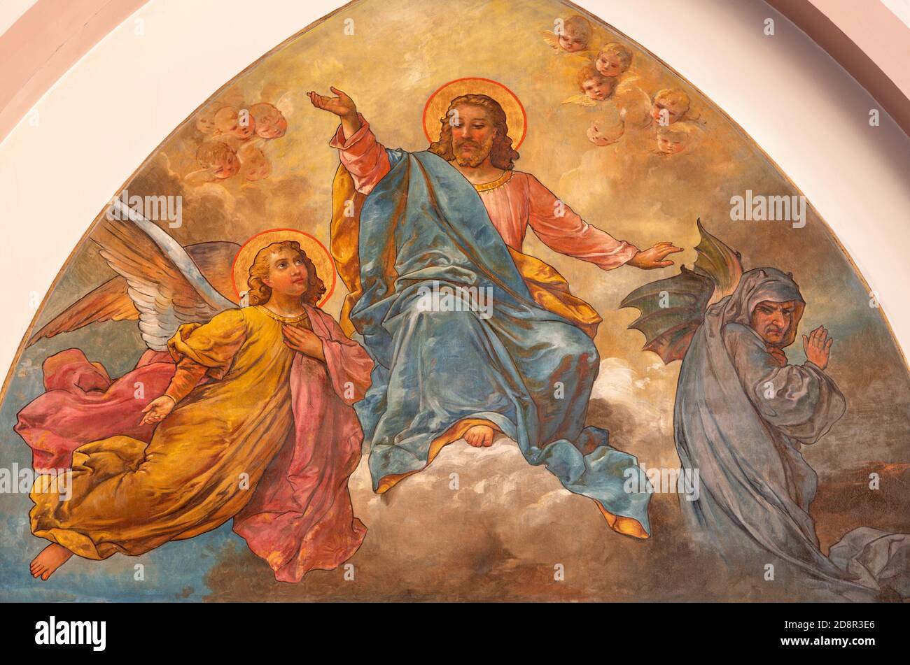 WIEN, AUSTIRA - 22. OKTOBER 2020: Fresko der Versuchung Jesu auf dem Berg in der Kirche Laurentiuskirche von Hans Zacka Ende 19. Jh. Stockfoto