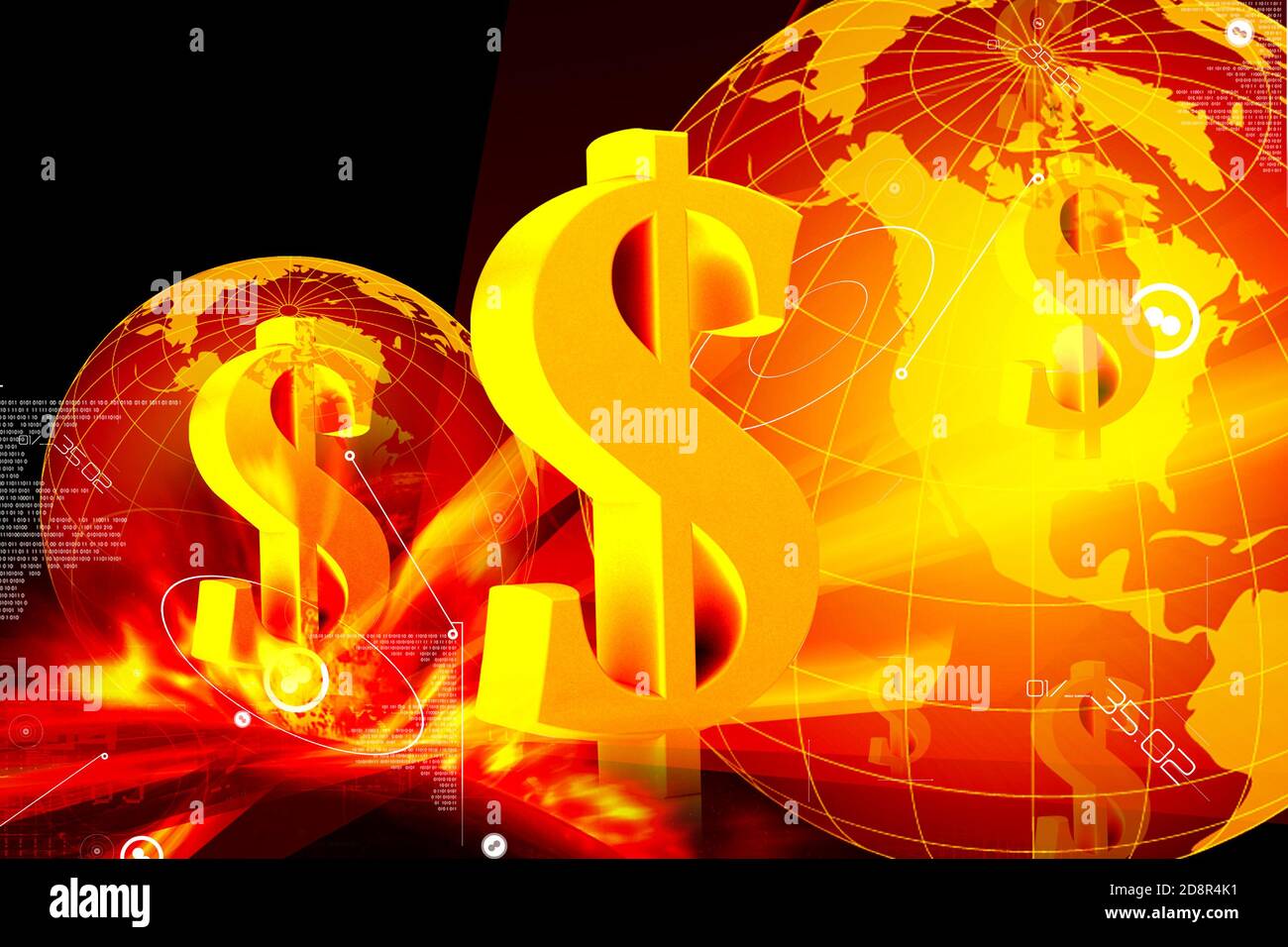 Digitale Abbildung des Dollarzeichens und der Erde im farbigen Hintergrund Stockfoto