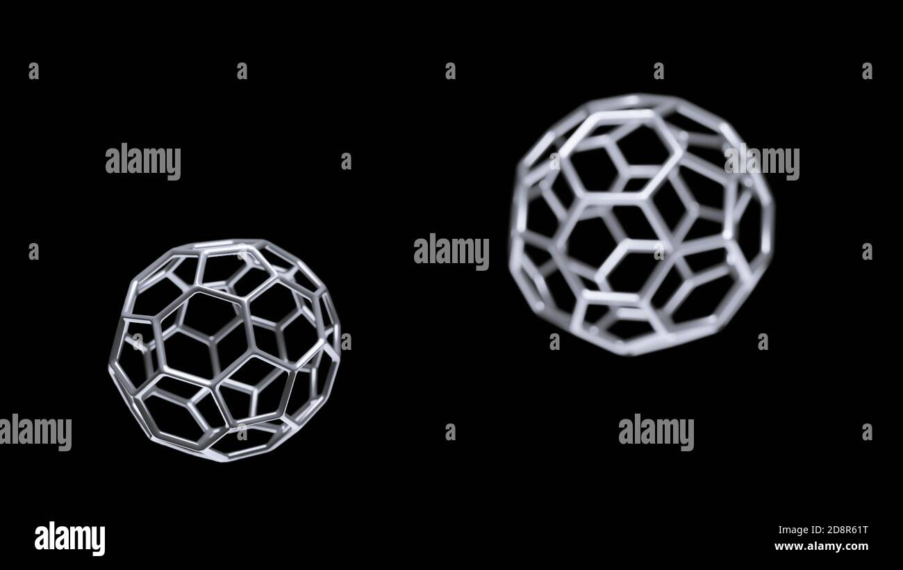 Modell von Buckminsterfullerene C60 Molekül, Alotrope von fullerenen Kohlenstoffatomen, runde Kugel mit sechseckigen Ringen oder Netz, molekulare 3D-Illustration Stockfoto