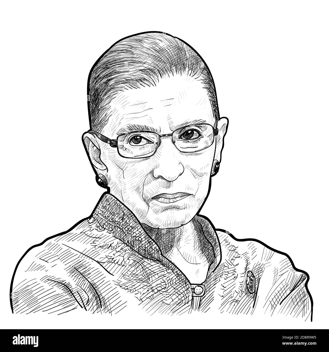 01. November 2020 Zeichnungs-Porträt des Obersten Gerichtshofs der Vereinigten Staaten, Ruth Bader Ginsburg isoliert auf weißem Hintergrund. vektor-Illustration. Stock Vektor