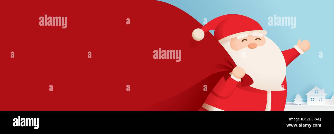 weihnachtsmann und eine riesige Geschenktüte mit Platz für Text. Verwenden Sie für Cover, Grußkarten, Banner, Anzeigen, Einladung. Stock Vektor