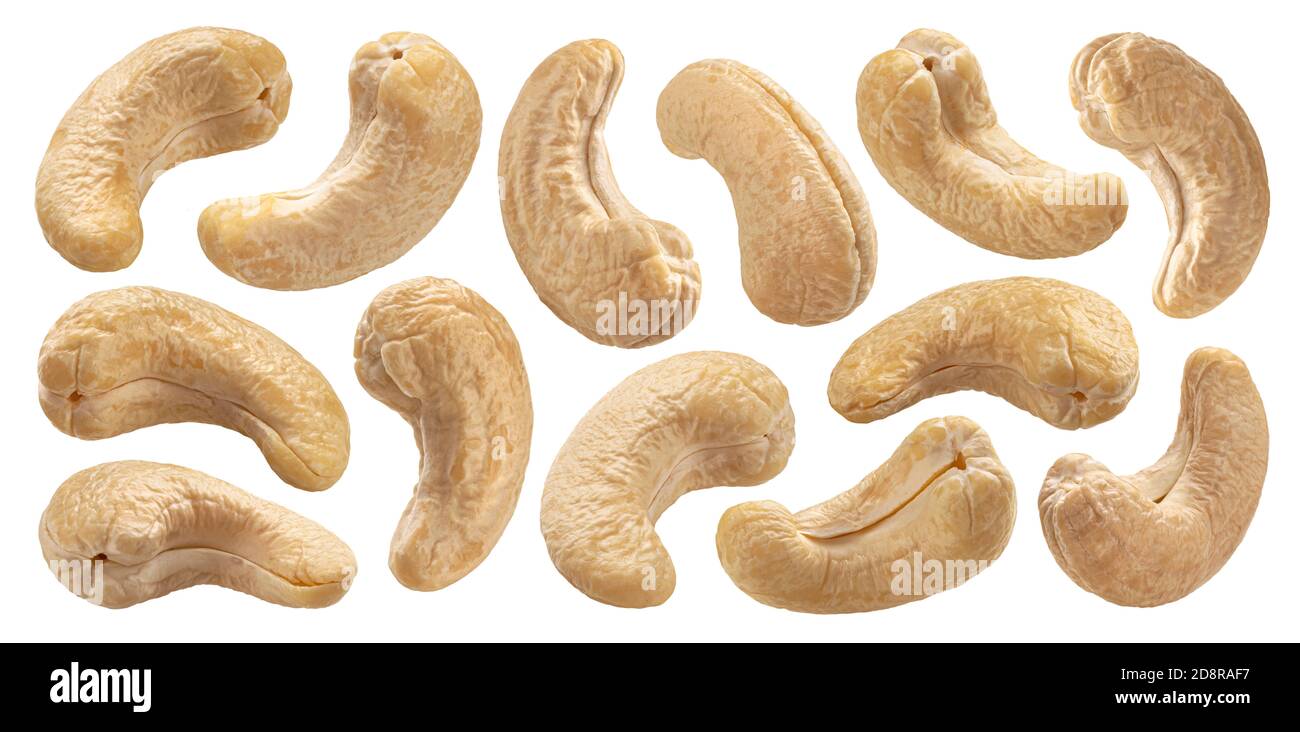 Cashew Nüsse isoliert auf weißem Hintergrund. Sammlung Stockfoto