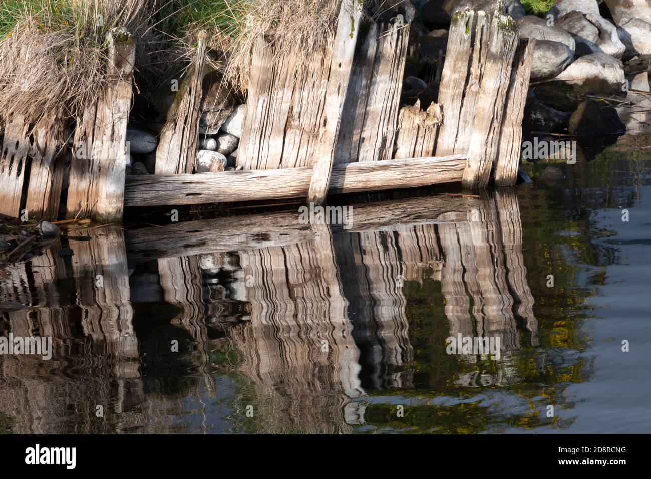 Pfähle und Ufermauer, Tokaanu, in der Nähe von Turangi, Nordinsel, Neuseeland Stockfoto