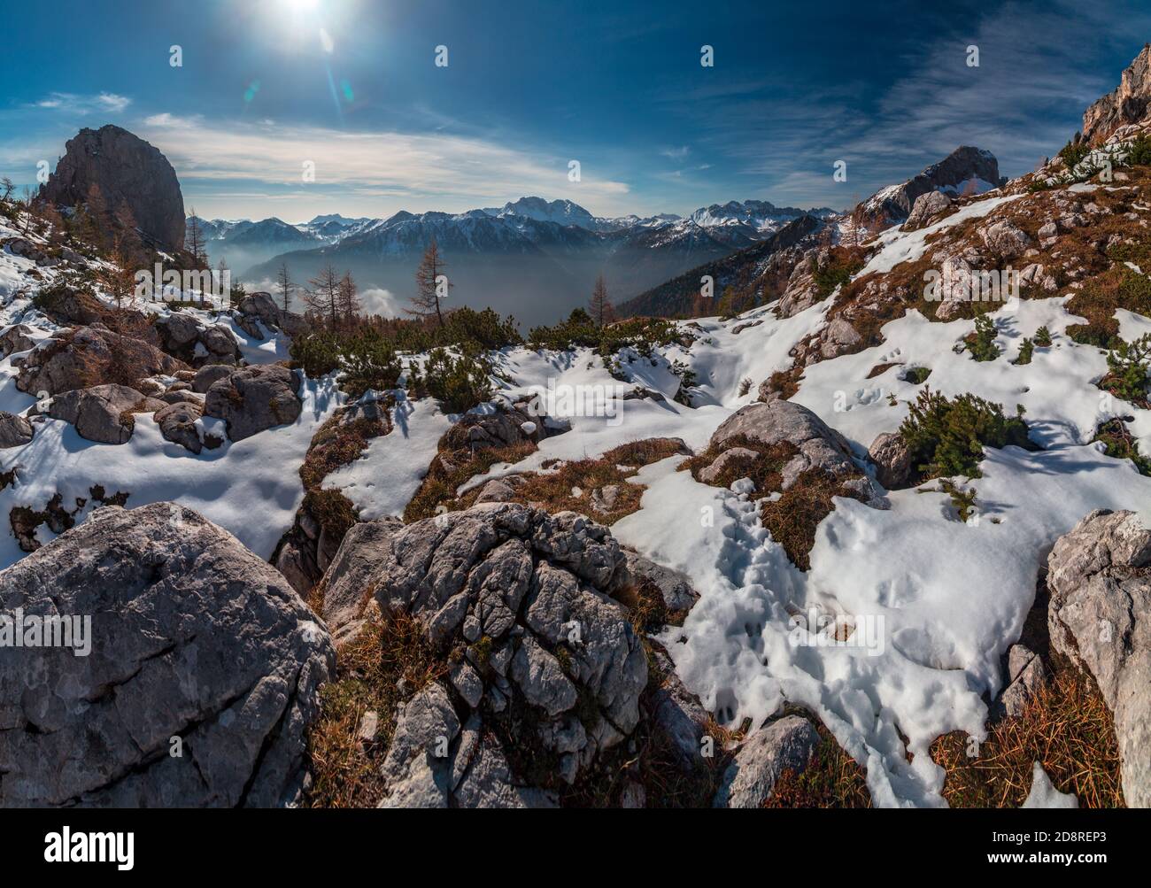 Oktober Trekking in den Bergen des Val Pesarina, Friaul-Julisch Venetien. Stockfoto