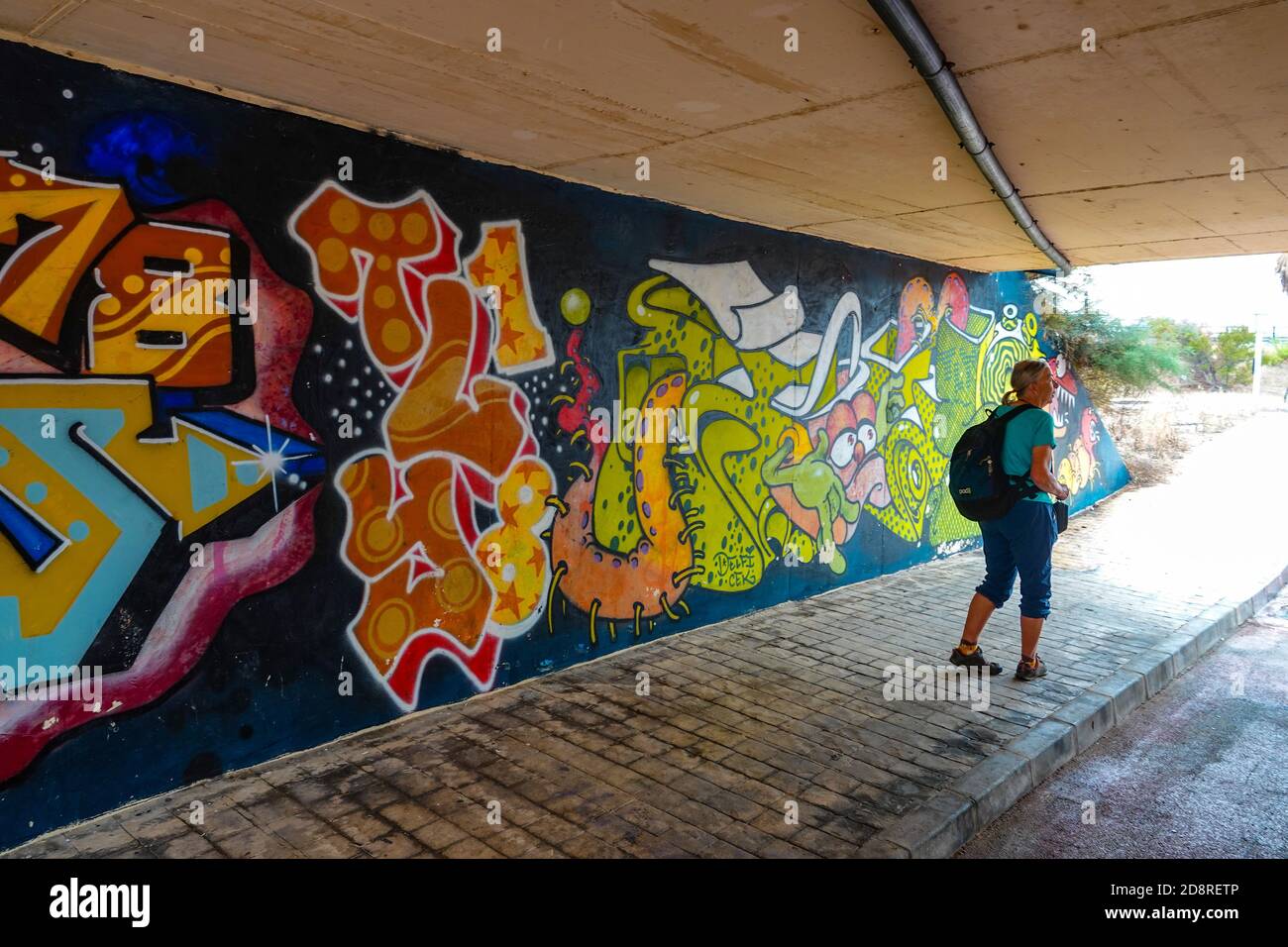 Einfarbige Hündin in Unterführung mit bunten Graffiti, La Mata, Torrevieja, Costa Blanca, Spanien, Winter, Wintersonne, Reiseziel Stockfoto