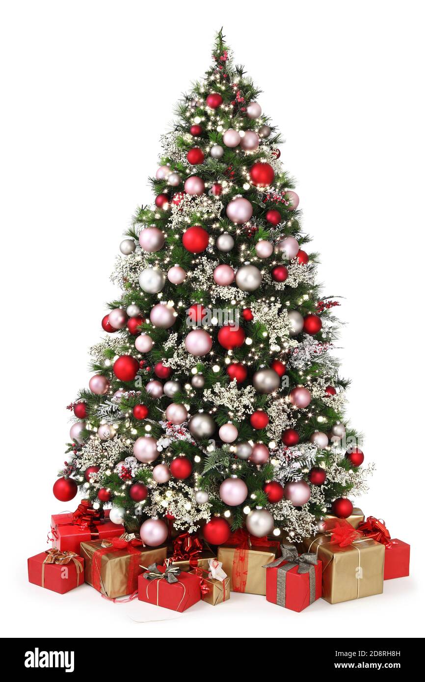 Dekorierter weihnachtsbaum voller farbigen Kugeln, Dekorationen und viele Geschenk verpackt Pakete auf weißem Hintergrund isoliert Stockfoto