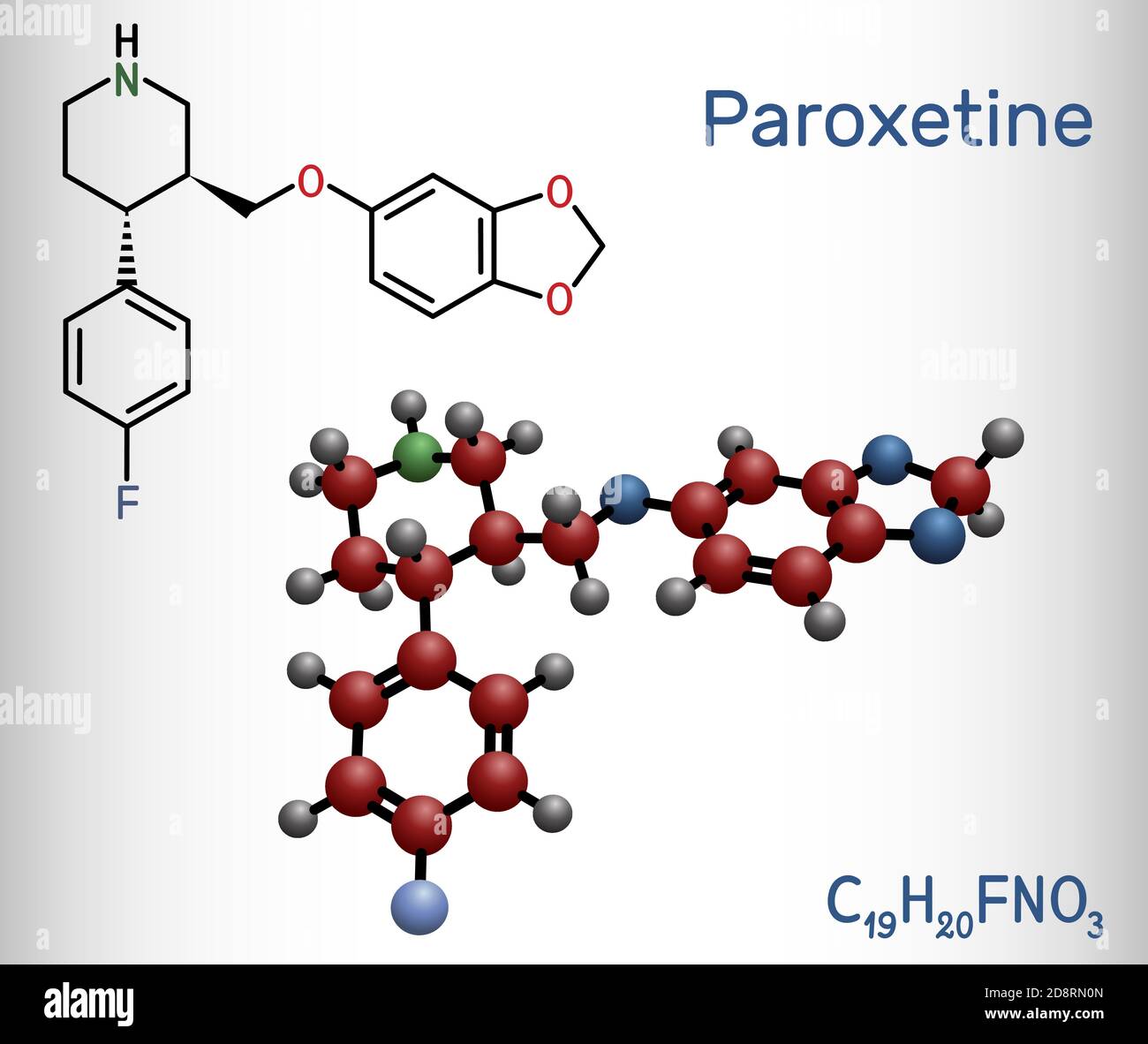 Paroxetin, Antidepressivum, selektiver Serotonin-Wiederaufnahmehemmer SSRI, Molekül. Es wird in der Therapie von Depressionen, Angststörungen verwendet Stock Vektor