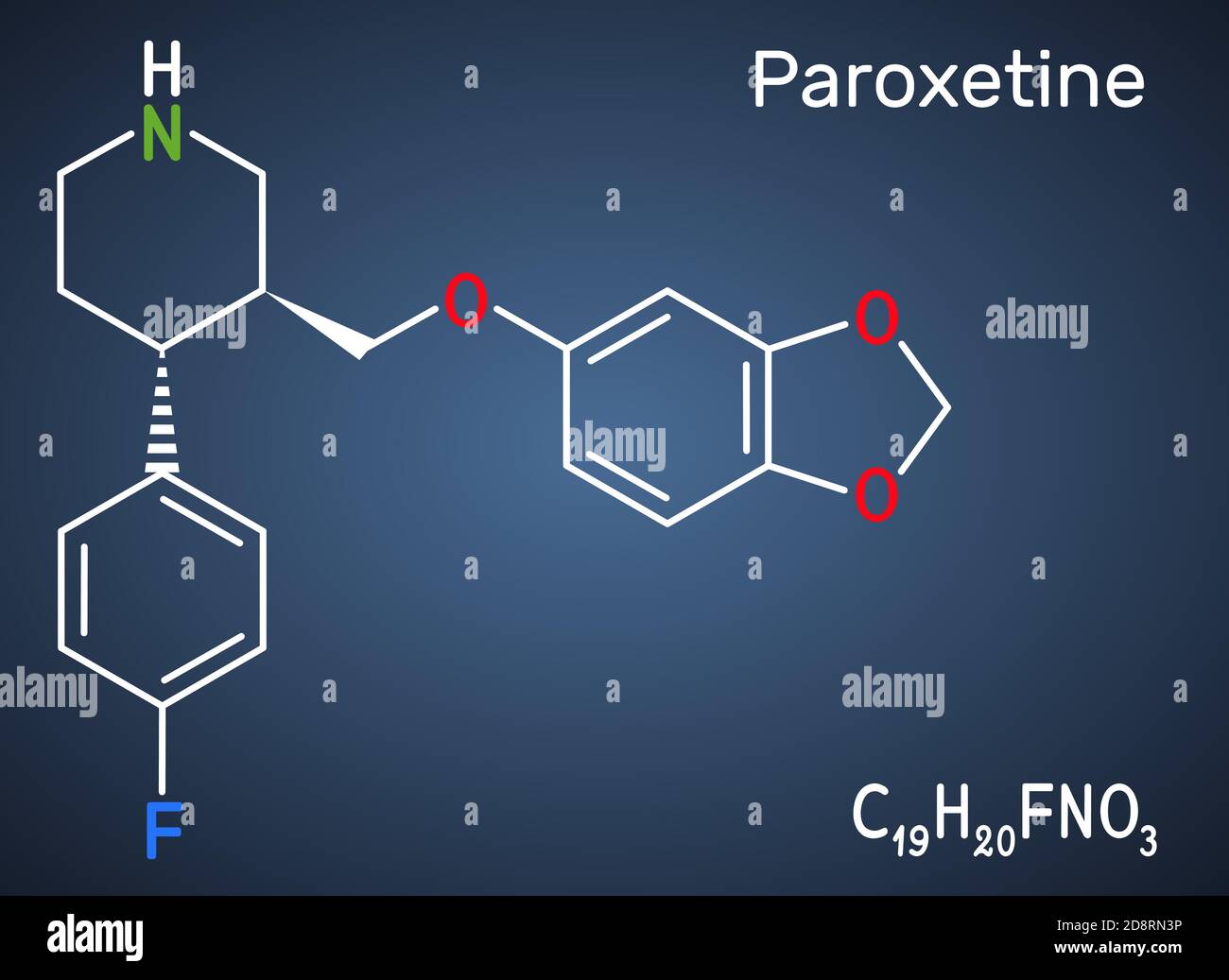 Paroxetin, Antidepressivum, selektiver Serotonin-Wiederaufnahmehemmer SSRI, Molekül. Es wird in der Therapie von Depressionen, Angststörungen verwendet Stock Vektor