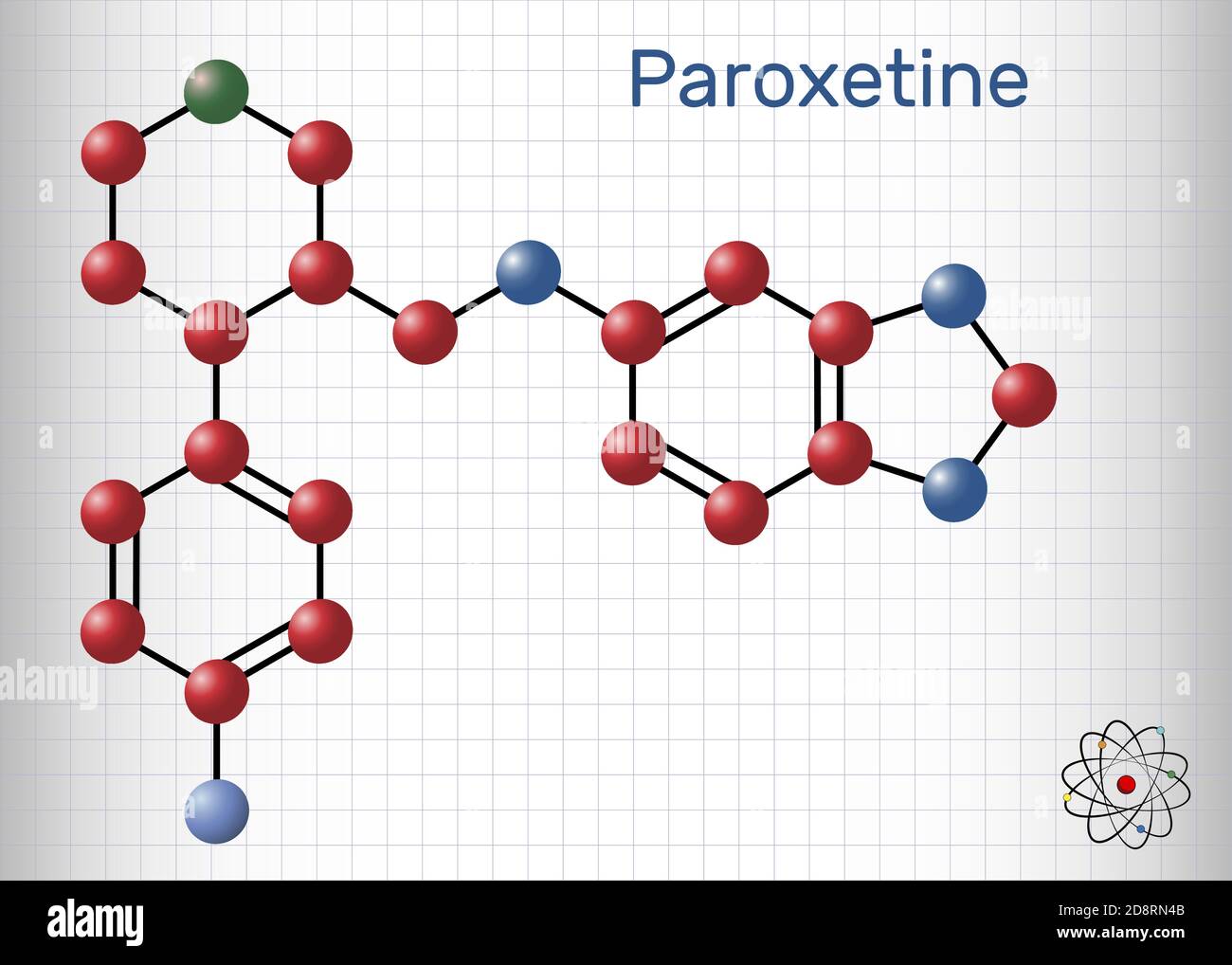 Paroxetin, Antidepressivum, selektiver Serotonin-Wiederaufnahmehemmer SSRI, Molekül. Es wird in der Therapie von Depressionen, Angststörungen verwendet. Blatt o Stock Vektor