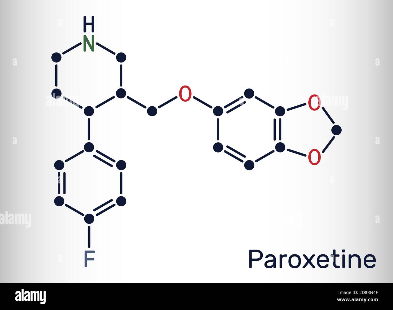 Paroxetin, Antidepressivum, selektiver Serotonin-Wiederaufnahmehemmer SSRI, Molekül. Es wird in der Therapie von Depressionen, Angststörungen verwendet. Skeleta Stock Vektor